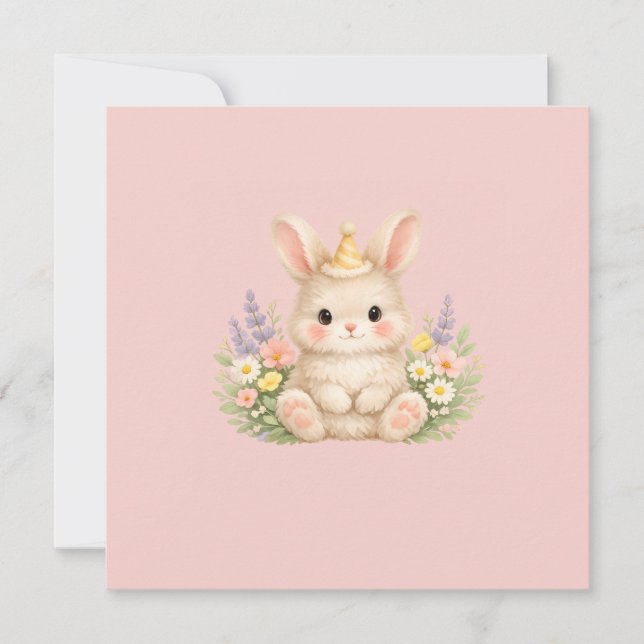 Pastell-Hasen-Wildblumen-Illustration Karte (Vorderseite)