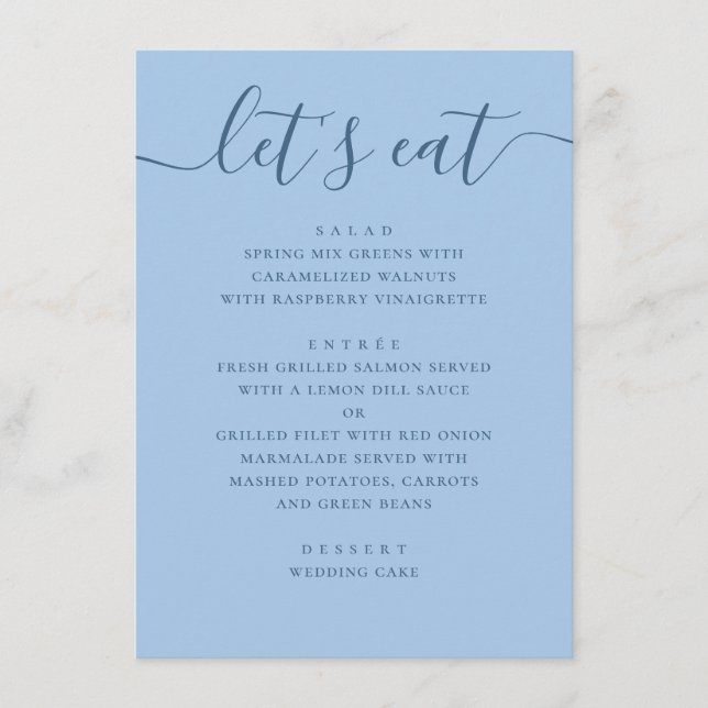 Pastell Himmelblau Hochzeit. Lasst uns das Hochzei Menükarte (Vorderseite)
