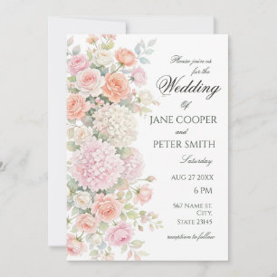 Pastell-Hortensien und Rosen. Budget-Hochzeit Einladung