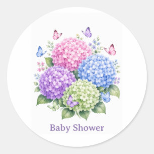 Pastell-Hortensien und Schmetterlings-Baby-Party Runder Aufkleber