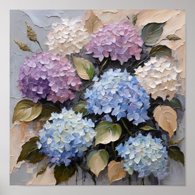 Pastell-Hortensienstrauß – Texturierte Blumengesta Poster (Vorne)