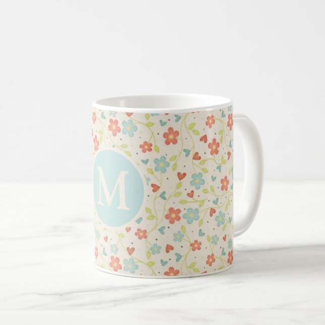 Pastell Hübsch Frühlingsfloral Monogramm Kaffeetasse (VorderseiteRechts)