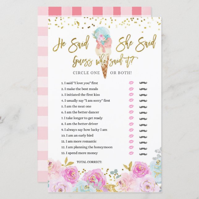 Pastell Ice Cream Floral Er sagte, sie sagte Game  (Vorne/Hinten)