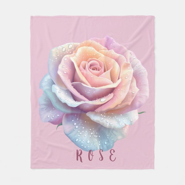 Pastell-Iris-Rose und Tautropfen Romantisch Fleecedecke (Vorderseite)