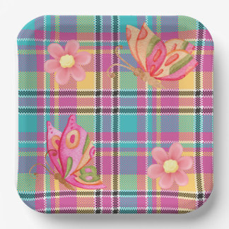 Pastell kariert mit Schmetterlingen und Blume Pappteller