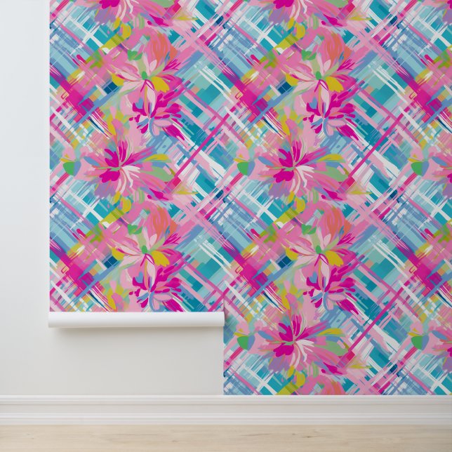 Pastell Karierte Blüten Tapete (Anwendung)