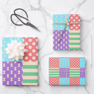 Pastell-Karo-Streifen-Schleife-Punkte-Geometrisch Geschenkpapier Set