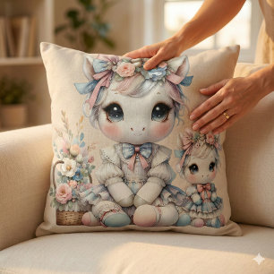 Pastell Kawaii Einhorn Mutter-Tochter-Duo Beige Kissen