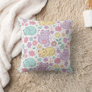 Pastell Kawaii Katzen und Blumen Dekorativ Kissen