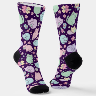 Pastell Kawaii Katzen und Frühlingsblumen Muster Socken