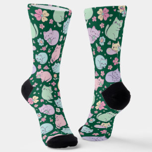 Pastell Kawaii Katzen und Frühlingsblumen Muster Socken