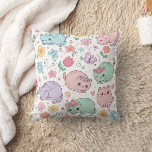 Pastell Kawaii Katzen und Frühlingsblumen Wurfkiss Kissen