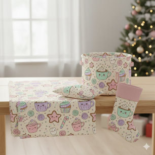 Pastell Kawaii Weihnachtsleckereien & Heiße Schoko Stoff