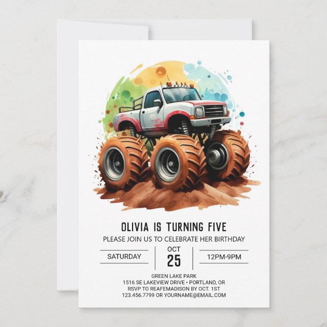 Pastell Kids' Monster Truck Geburtstag Einladung (Vorderseite)