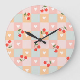 Pastell-Kirsch- und Herz-Karo-Muster Große Wanduhr