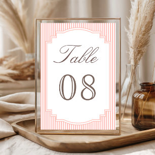 Pastell-Korallenrosa gestreifte Hochzeit Tischnummer