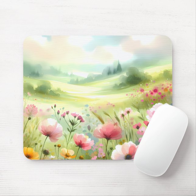 Pastell-Landschaft einer Wildblumenwiese Mousepad (Mit Mouse)