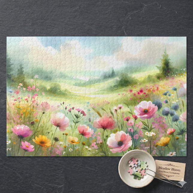 Pastell-Landschaft einer Wildblumenwiese Puzzle (Pastel Wildflower Meadow Landscape Jigsaw Puzzle)