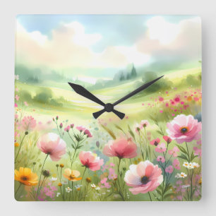 Pastell-Landschaft einer Wildblumenwiese Quadratische Wanduhr