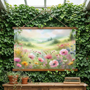 Pastell-Landschaft einer Wildblumenwiese Wandteppich Mit Holzrahmen
