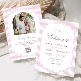 Pastell-Lavendel-gestreifte Foto-QR-Code-Hochzeit Einladung