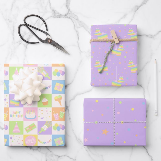 Pastell Lila Geburtstagsmuster Set Geschenkpapier Set (Vorderseite)