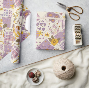 Pastell-Lila-Gelb-Quilt-Gingham-Cottagecore Geschenkpapier