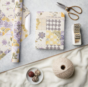 Pastell-Lila-Gelb-Quilt-Gingham-Cottagecore Geschenkpapier