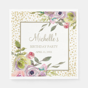 Pastell Lila Gelbe Blüte Gold Glitzer Geburtstag Serviette