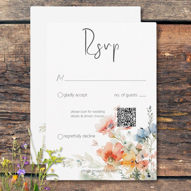 Pastell lose Wildblumen Moderner QR-Code RSVP Karte (Pastel Loose Wildflowers Modern QR Code RSVP Card)