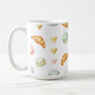 Pastell-Macarons und Croissants nahtloses Muster Kaffeetasse