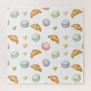 Pastell-Macarons und Croissants nahtloses Muster Puzzle