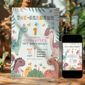 Pastell-Mädchen-Dinosaurier-Einladung zum 1. Gebur Einladung