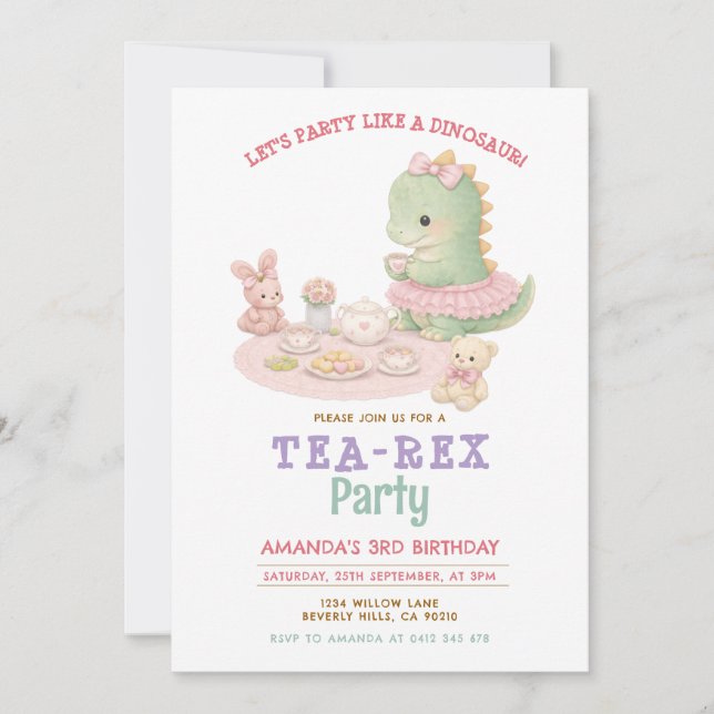 Pastell-Mädchen-Dinosaurier-Tea-Rex 3. Mädchen-Geb Einladung (Vorderseite)