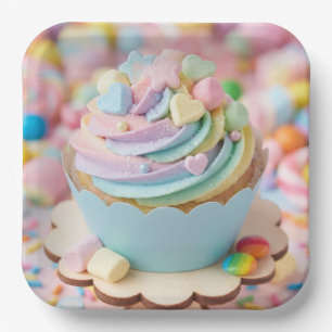 Pastell-Marshmallow-Regenbogen-Cupcake-Geburtstag Pappteller