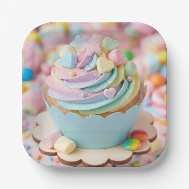 Pastell-Marshmallow-Regenbogen-Cupcake-Geburtstag Pappteller (Vorderseite)