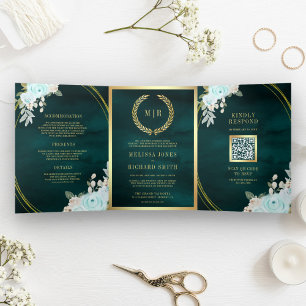 Pastell-Mint-Rosen Alles in Einem QR-Code Türkise Dreifach Gefaltete Einladung