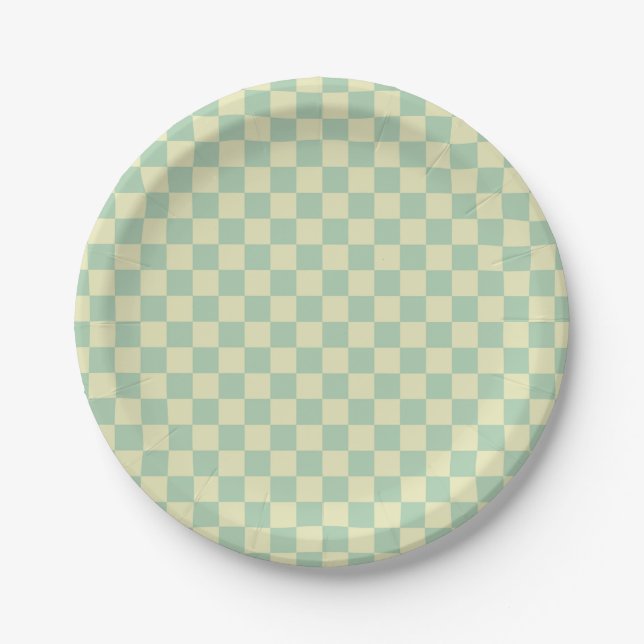 Pastell-Mintgrün und Hellgelb Karo Pappteller (Vorderseite)