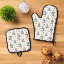 Pastell Minze und Rosa Weihnachten Nahtlose Muster Ofenhandschuh & Topflappen-Set