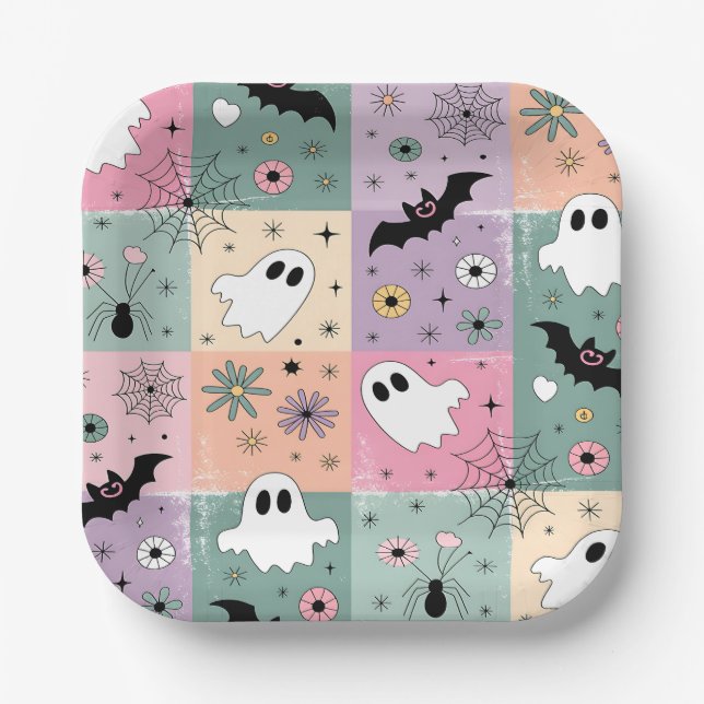 Pastell Niedlich Halloween Spooky Ghost Checkered Pappteller (Vorderseite)