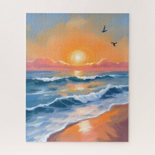 Pastell-Ozean-Sonnenuntergang-Aquarell-Strandbild Puzzle