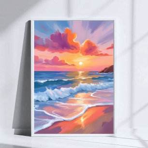 Pastell-Ozean-Sonnenuntergang   Farbige Strandmale Poster