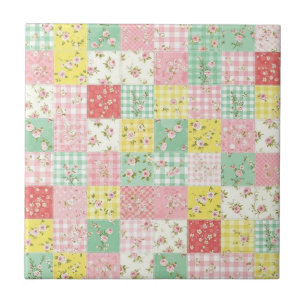 Pastell-Patchwork-Blumen-Gingham-Vintage-Cottage Fliese