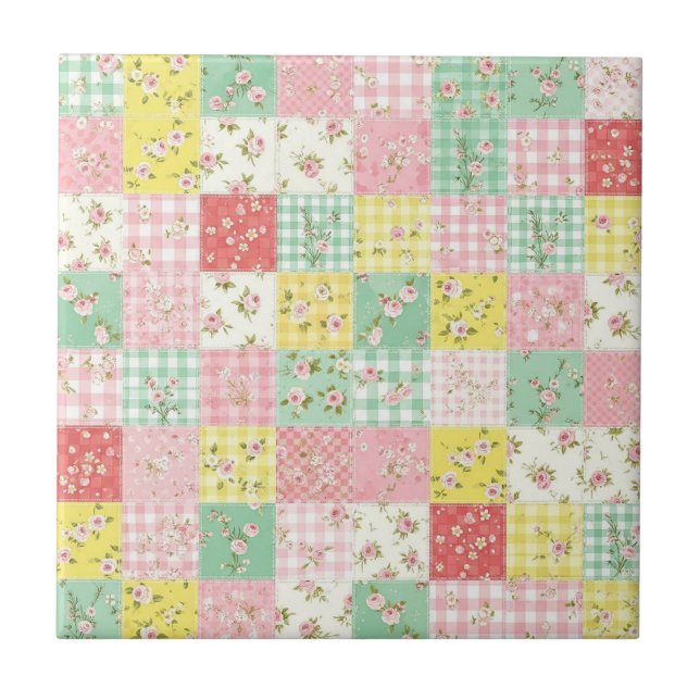 Pastell-Patchwork-Blumen-Gingham-Vintage-Cottage Fliese (Vorderseite)