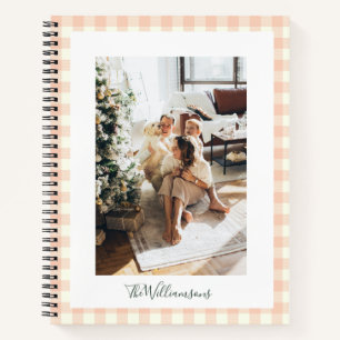 Pastell-Pfirsich-Gingham-Karo-Karo-Foto-Name Notizbuch