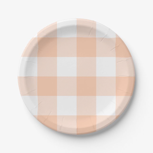 Pastell-Pfirsich-Gingham-Karo-Muster Pappteller (Vorderseite)