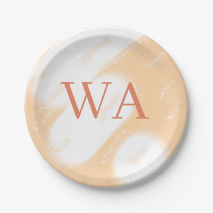 Pastell-Pfirsich-Orange-Weiß-Monogramm Retro-Bold- Pappteller