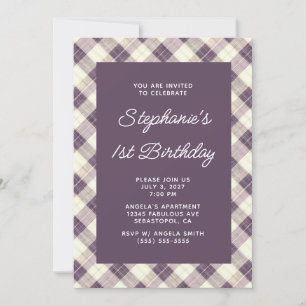 Pastell-Pflaume-Leinen-Gingham 1. Geburtstag Einladung