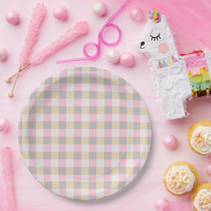 Pastell-Pink-Gelb-Grau-Karo  Pappteller