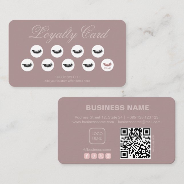 Pastell Pink Lashes Salon QR Code Loyalty Card Treuekarte (Vorne/Hinten)